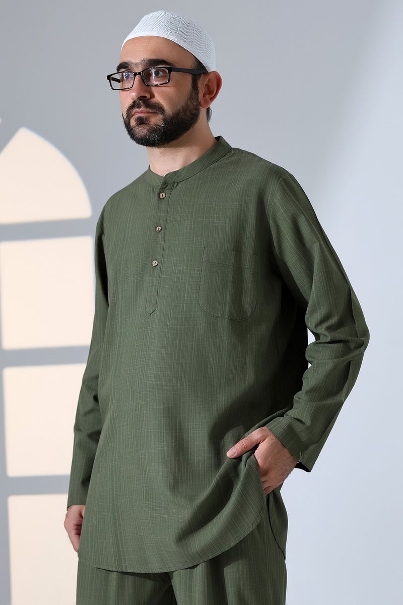 İhvan Online Ihvan Online Men's Single Pocket Mandarin Collar Shirt Trousers Linen Two Piece Set Hajj Umrah Outfit - Khaki - Image 5