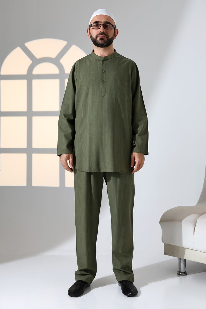 İhvan Online Ihvan Online Men's Single Pocket Mandarin Collar Shirt Trousers Linen Two Piece Set Hajj Umrah Outfit - Khaki - Image 1