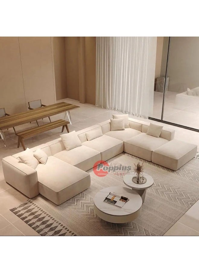 Poppins Home Luxurious Nordic U-Shape Majlis 7-Seater Sofa Set Premium Velvet Fabric Spacious Corner Sectional Design (Beige, RIGHT BED)  - Image 1