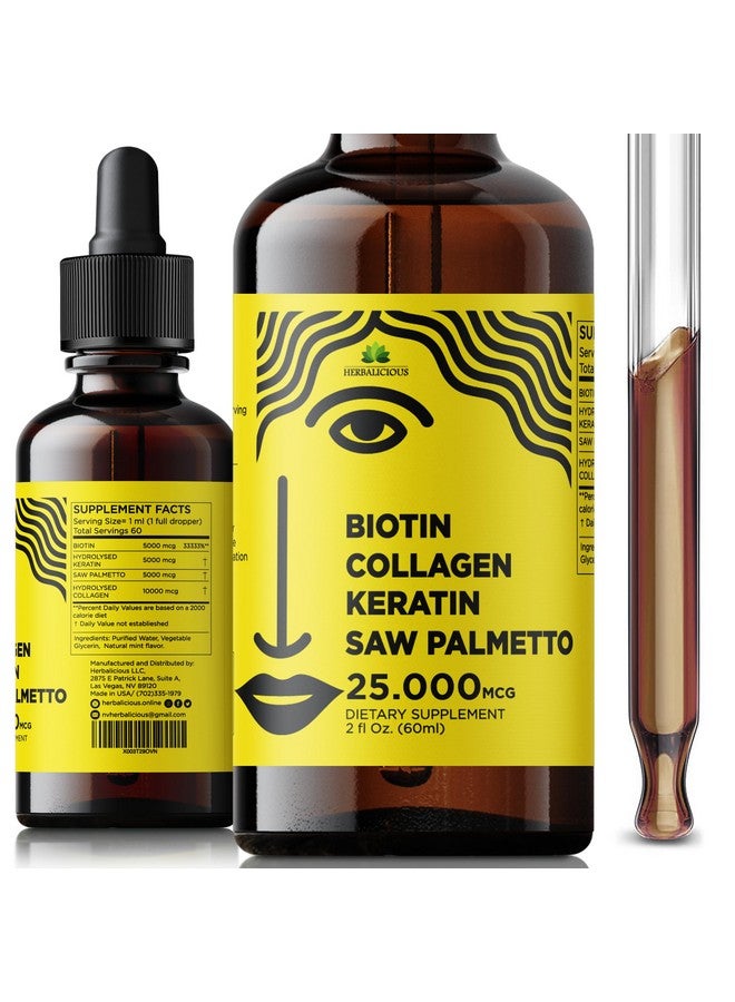 HERBALICIOUS مكملات الكولاجين السائلة للنساء - تركيبة شاملة لمكمل الشعر والبشرة والأظافر مع 10000 ميكروغرام كولاجين 5000 ميكروغرام بيوتين 5000 ميكروغرام كيراتين 5000 ميكروغرام ساو بالميتو، صنع في الولايات المتحدة، 2 أونصة سائلة - Image 1