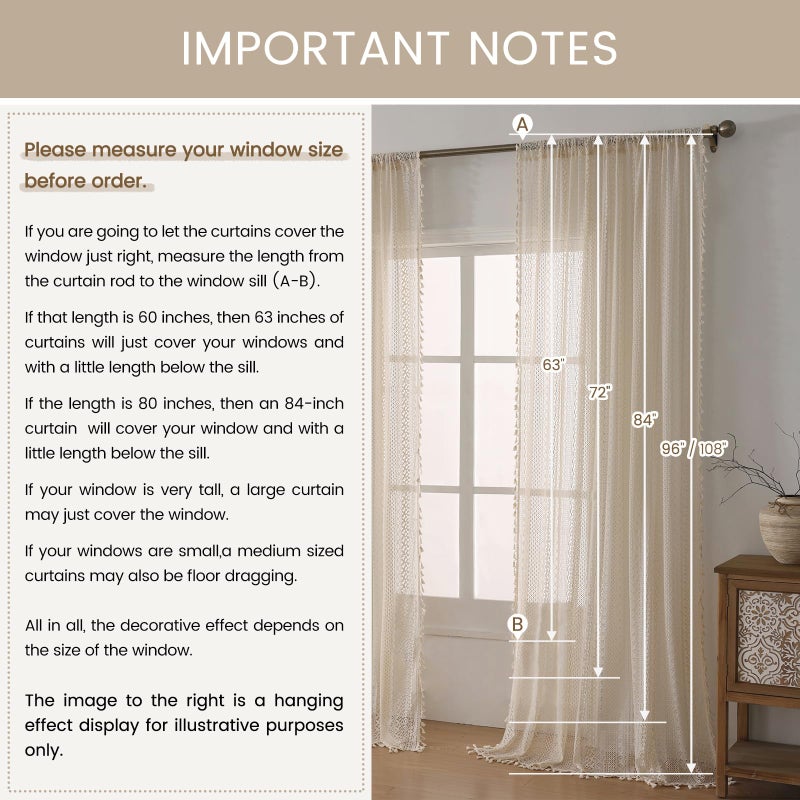 WAZZIO Boho Crochet Curtains for Living Room Lace Curtains 84 Inches Long 2 Panel, Rod Pocket Vintage Tassel Bohemian Decor Geometry Striped Light Filtering Semi Sheer Curtain Drapes for Bedroom,Beige - Image 3