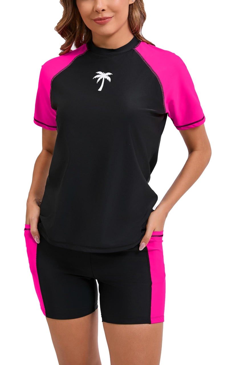 Halcurt Womens Two Piece Rash Guard Swim Shirts Built in Bra Swimsuit with Boyshorts with Pockets Black XL - Image 2