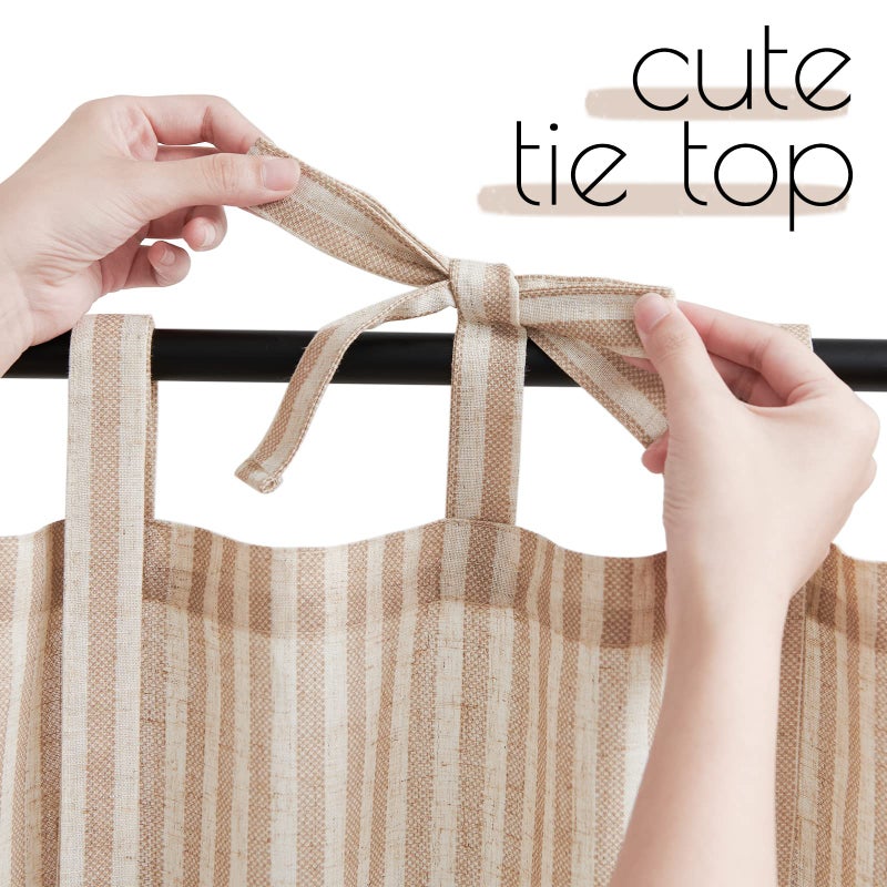 jinchan Tie Top Linen Kitchen Curtains 36 Inches Striped Tier Curtains Farmhouse Modern Cafe Style Small Window Treatments Airy Light Filtering Rod Pocket for Living Room Bathroom 2 Panels Tan - Image 2