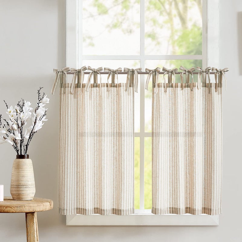 jinchan Tie Top Linen Kitchen Curtains 36 Inches Striped Tier Curtains Farmhouse Modern Cafe Style Small Window Treatments Airy Light Filtering Rod Pocket for Living Room Bathroom 2 Panels Tan - Image 1
