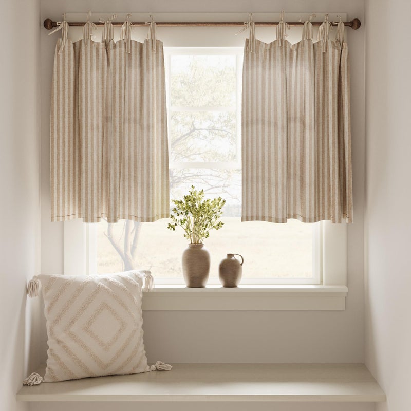 jinchan Tie Top Linen Kitchen Curtains 36 Inches Striped Tier Curtains Farmhouse Modern Cafe Style Small Window Treatments Airy Light Filtering Rod Pocket for Living Room Bathroom 2 Panels Tan - Image 3