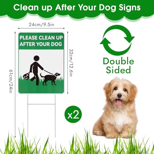 Opvixi 2 Pack Clean up After Your Dog Signs, 12.6" x 9.5" No Pooping Dogs Signs with Metal H-Stakes, Double-sided Pick up After Your Dog Sign for Yard, Lawn - Image 2