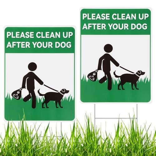 Opvixi 2 Pack Clean up After Your Dog Signs, 12.6" x 9.5" No Pooping Dogs Signs with Metal H-Stakes, Double-sided Pick up After Your Dog Sign for Yard, Lawn - Image 1