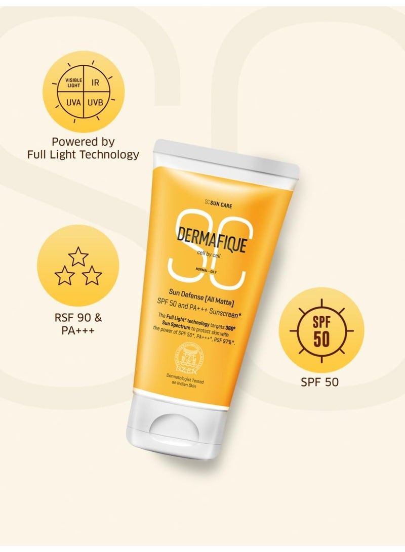 Dermafique Sun Defense All Matte, SPF 50, PA +++ Sunscreen 50g, for Normal - Oily Skin, 360 degree Sun Spectrum Protection, Prevents Tanning & Photaging, Protects from UVA,UVB,IR & Visible Light,  for Men & Women - Image 2