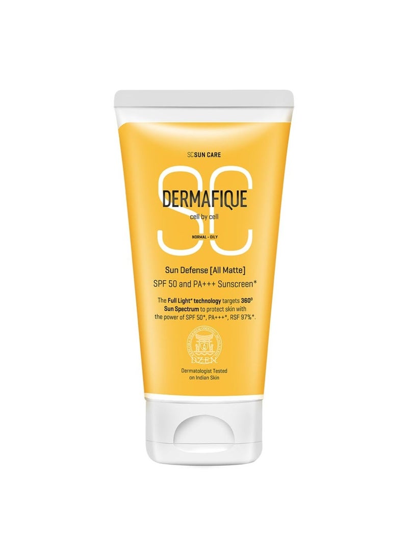 Dermafique Sun Defense All Matte, SPF 50, PA +++ Sunscreen 50g, for Normal - Oily Skin, 360 degree Sun Spectrum Protection, Prevents Tanning & Photaging, Protects from UVA,UVB,IR & Visible Light,  for Men & Women - Image 1