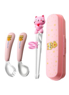 Kids Cutlery Set Stainless Steel Cartoon Style Glossy Safe Durable Spoon Fork Chopsticks Training Kids Lunch Utensils Pink Crooked Fork Spoon Chopsticks Pink Box