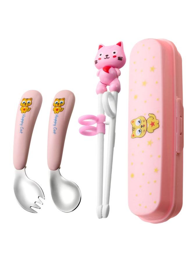 xozgdovg - Kids Cutlery Set Stainless Steel Cartoon Style Glossy Safe Durable Spoon Fork Chopsticks Training Kids Lunch Utensils Pink Crooked Fork Spoon Chopsticks Pink Box - Image 1
