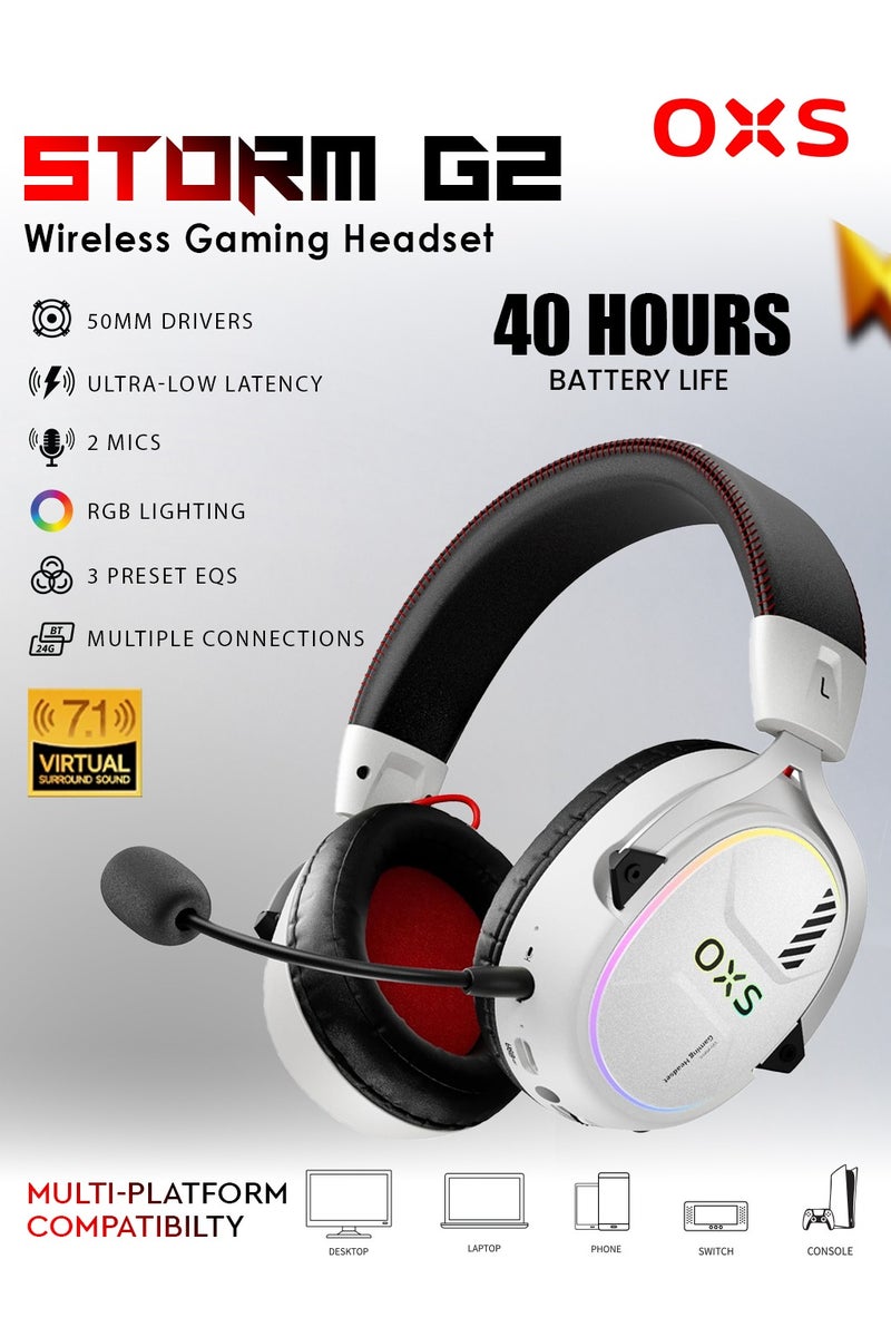 OXS AUDIO OXS Storm G2 Wireless Gaming Headset, Over-Ear Gaming Headphones with 7.1 Virtual Surround Audio, 3 EQ Modes, Low Latency 2.4GHz, 50mm Driver, RGB Light, Bluetooth 5.3, Compatible with PC, Console, Mobile Phone, White - Image 1