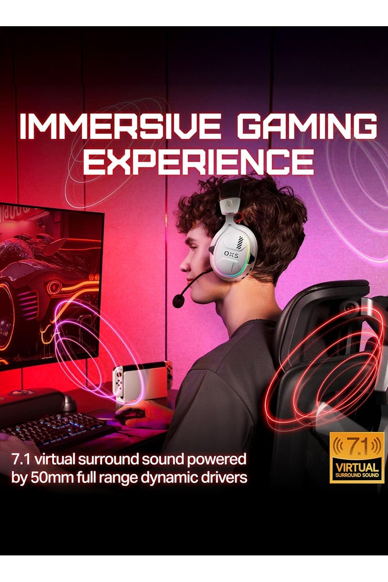 OXS AUDIO OXS Storm G2 Wireless Gaming Headset, Over-Ear Gaming Headphones with 7.1 Virtual Surround Audio, 3 EQ Modes, Low Latency 2.4GHz, 50mm Driver, RGB Light, Bluetooth 5.3, Compatible with PC, Console, Mobile Phone, White - Image 3