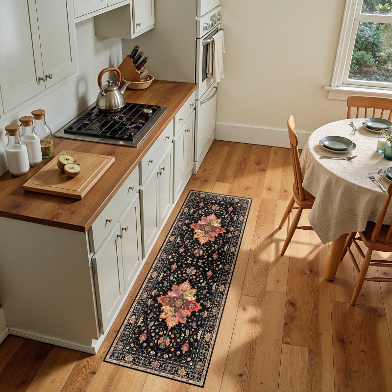 RELEANY Area Rugs 2'x5' Washable Non-Slip  Floral Vintage Distress Print Pattern Medallion Carpet for Living Room Bedroom Dining Room  Black Colorful Floral Dark Tan - Image 1