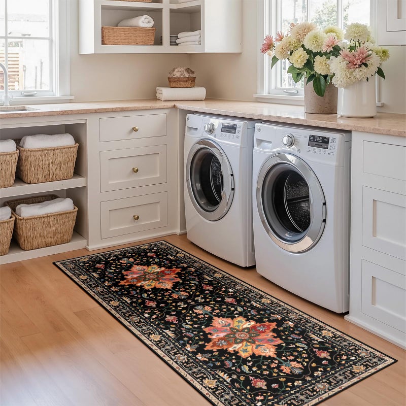 RELEANY Area Rugs 2'x5' Washable Non-Slip  Floral Vintage Distress Print Pattern Medallion Carpet for Living Room Bedroom Dining Room  Black Colorful Floral Dark Tan - Image 4