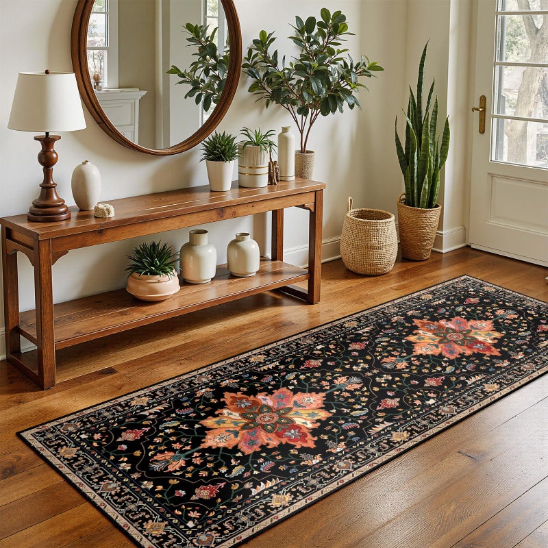 RELEANY Area Rugs 2'x5' Washable Non-Slip  Floral Vintage Distress Print Pattern Medallion Carpet for Living Room Bedroom Dining Room  Black Colorful Floral Dark Tan - Image 2