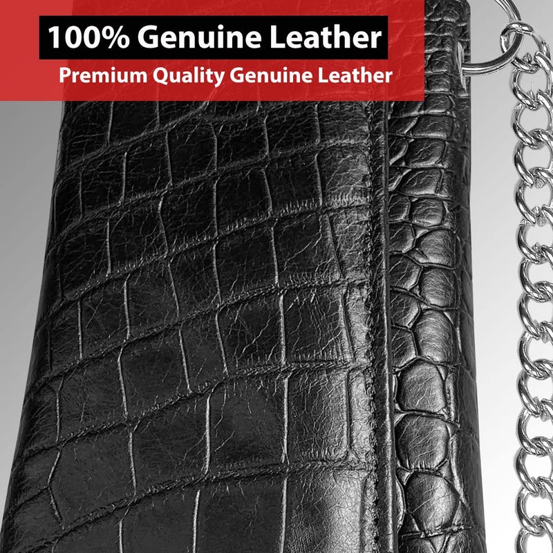 IBRO Motorcycle Chain Wallet for Men â€“ Premium Cowhide Leather, RFID Tri-Fold Biker Wallet with Heavy Duty Chain for Bikers Truckers & Hunters, Credit Card Money Organizer Long Wallet Crocodile Black - Image 2