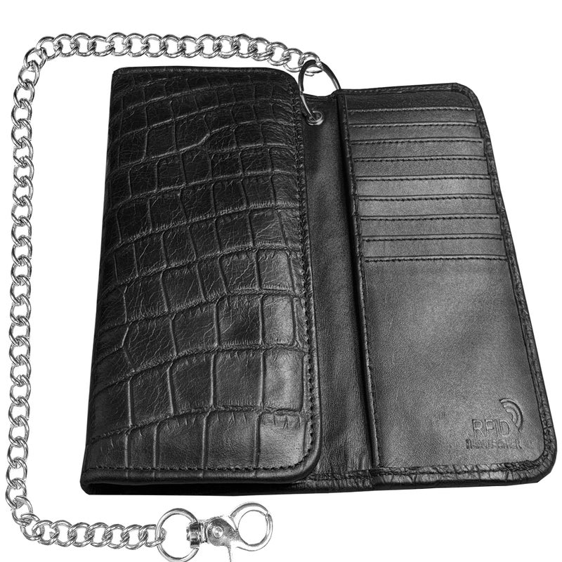 IBRO Motorcycle Chain Wallet for Men â€“ Premium Cowhide Leather, RFID Tri-Fold Biker Wallet with Heavy Duty Chain for Bikers Truckers & Hunters, Credit Card Money Organizer Long Wallet Crocodile Black - Image 5