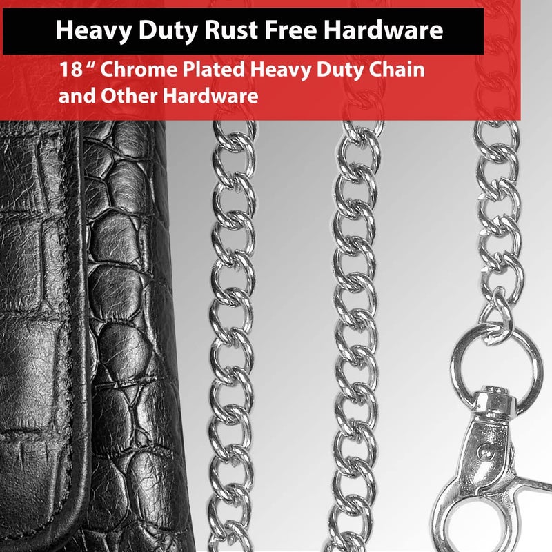 IBRO Motorcycle Chain Wallet for Men â€“ Premium Cowhide Leather, RFID Tri-Fold Biker Wallet with Heavy Duty Chain for Bikers Truckers & Hunters, Credit Card Money Organizer Long Wallet Crocodile Black - Image 4