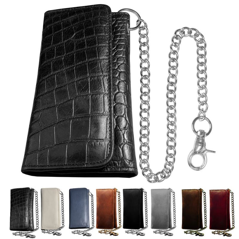 IBRO Motorcycle Chain Wallet for Men â€“ Premium Cowhide Leather, RFID Tri-Fold Biker Wallet with Heavy Duty Chain for Bikers Truckers & Hunters, Credit Card Money Organizer Long Wallet Crocodile Black - Image 1