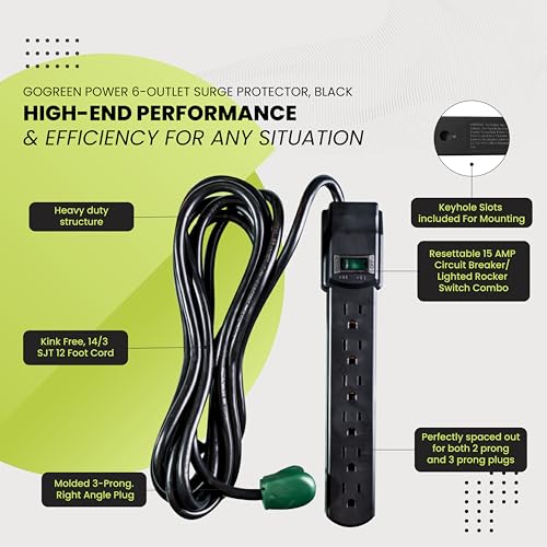 Power By GoGreen GoGreen Power (GG-16103M-12BK) 6 Outlet Surge Protector, 250 Joules, Black, 12ft Cord - Image 5