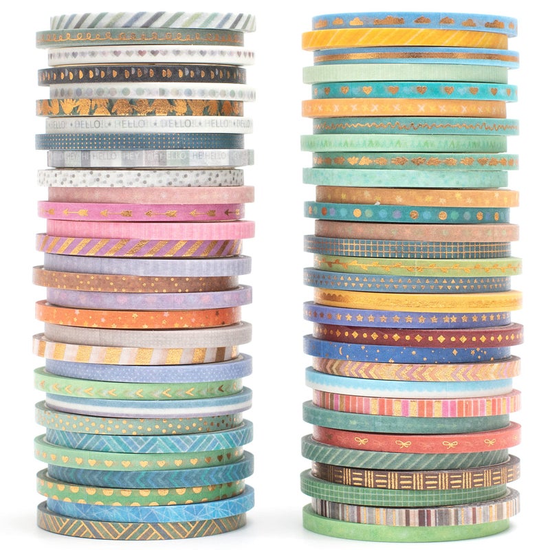 YUBBAEX 60 Rolls Skinny Washi Tape Set Gold Foil Masking Thin Basic Patterns Decorative Tapes for Arts DIY Crafts Journals Planners Scrapbook Wrapping