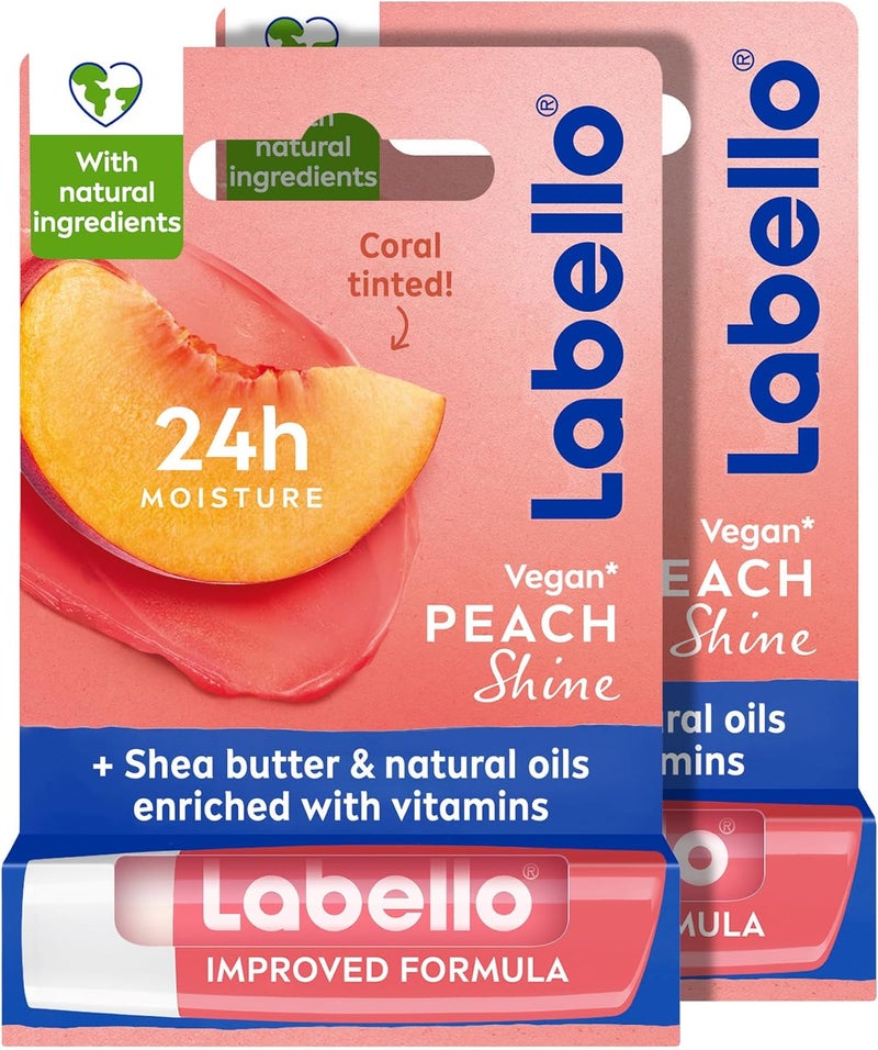 Labello Peach Shine Lip Balm, 24H Moisture, Vegan, 4.8g, Pack of 2 - Image 1