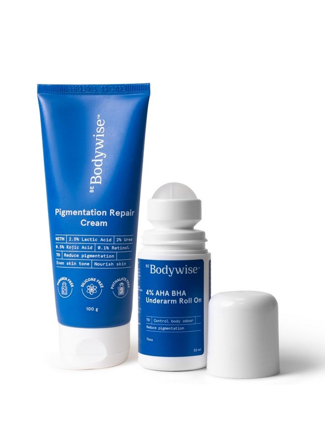 Be Bodywise Underarm Brightening Kit | With 4% Aha Bha Underarm Roll-On (50Ml) & Pigmentation Repair Cream (100G) | Reduces Body Odor, Fades Pigmentation & Corrects Uneven Skin Tone  - Image 1