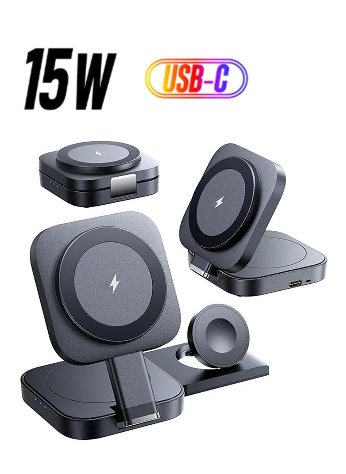 YZMA GLOBAL 3-in-1 Wireless Charging Station Compatible with MagSafe, Wireless Charger for iPhone, Travel Wireless Charging Station for Multiple Devices Compatible with iPhone 16/15/14/13/12/SE Magsafe Charger Airpods/Apple Watch 1-8/Ultra, Grey  - Image 1