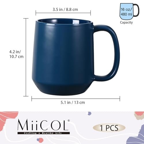Miicol Ceramic Coffee Mug, 16 oz Large Coffee Cup, Tea Mug with Handle, Flat Bottom Mug for Men, Women, Office, Microwave and Dishwasher Safe, Multi-Color, Navy - Image 3