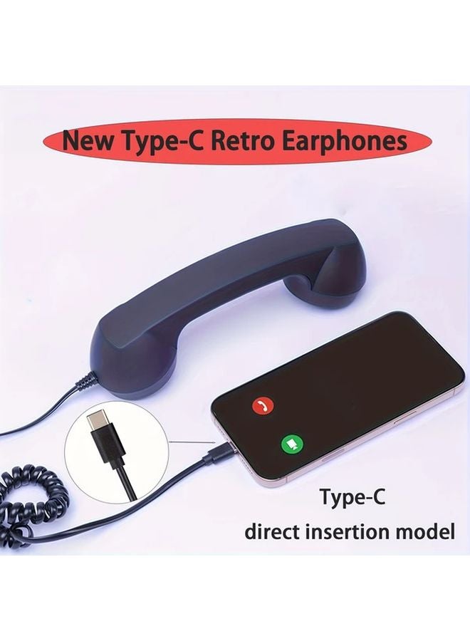 Black Retro Wired Headset Type C Classic Landline Design Volume Control No Tangle Cable - Image 1