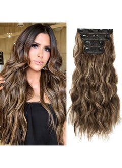 REECHO Hair Extensions 4Pcs Clip In Hair Extensions Natural Soft Synthetic Hairpieces For Women Chocolate Brown With Blonde Highlights  - Image 1