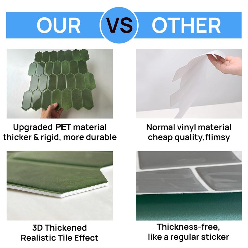 WalDecoo Peel and Stick Tile for Kitchen, Thicker Design 3D Self -Adhesive Long Hexagon Wall Tile Backsplash, Green 10-Sheet 12"x12" Stick on Tiles, Peel and Stick Wall Tiles for Kitchen - Image 3
