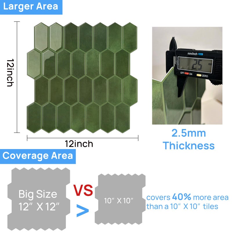 WalDecoo Peel and Stick Tile for Kitchen, Thicker Design 3D Self -Adhesive Long Hexagon Wall Tile Backsplash, Green 10-Sheet 12"x12" Stick on Tiles, Peel and Stick Wall Tiles for Kitchen - Image 5