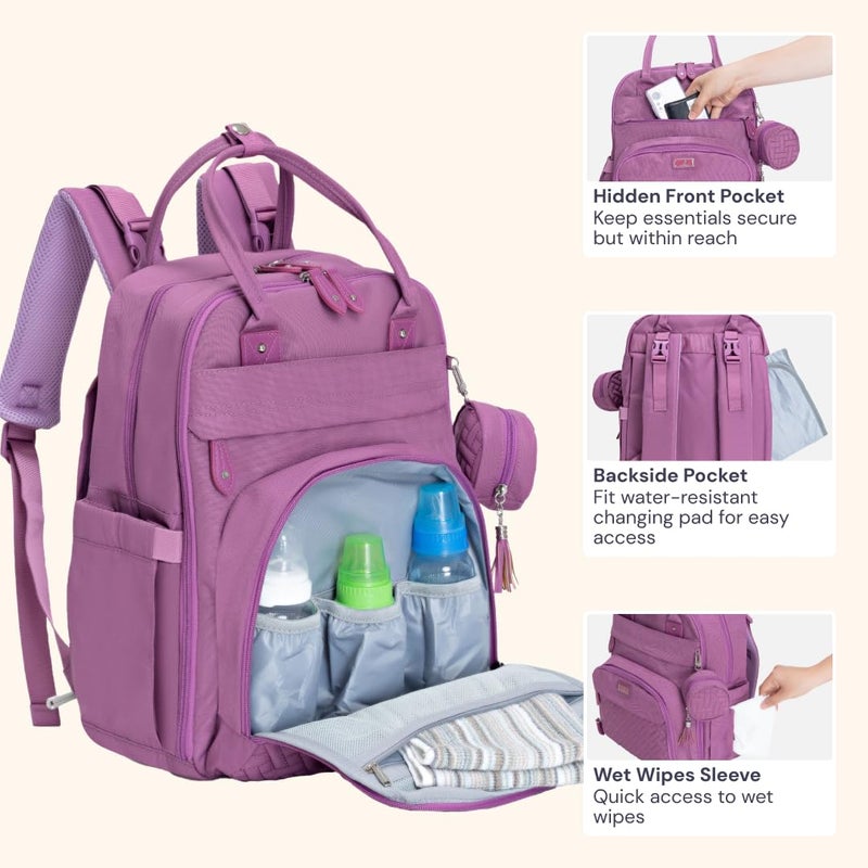 BabbleRoo Diaper Bag Backpack - Baby Essentials Travel Tote - Multi function Waterproof Diaper Bag, Travel Essentials Baby Bag with Changing Pad, Stroller Straps & Pacifier Case - Unisex, Purple - Image 5