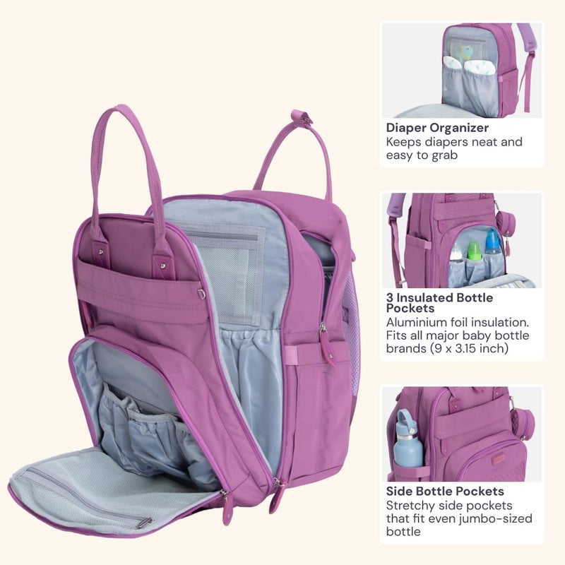 BabbleRoo Diaper Bag Backpack - Baby Essentials Travel Tote - Multi function Waterproof Diaper Bag, Travel Essentials Baby Bag with Changing Pad, Stroller Straps & Pacifier Case - Unisex, Purple - Image 4