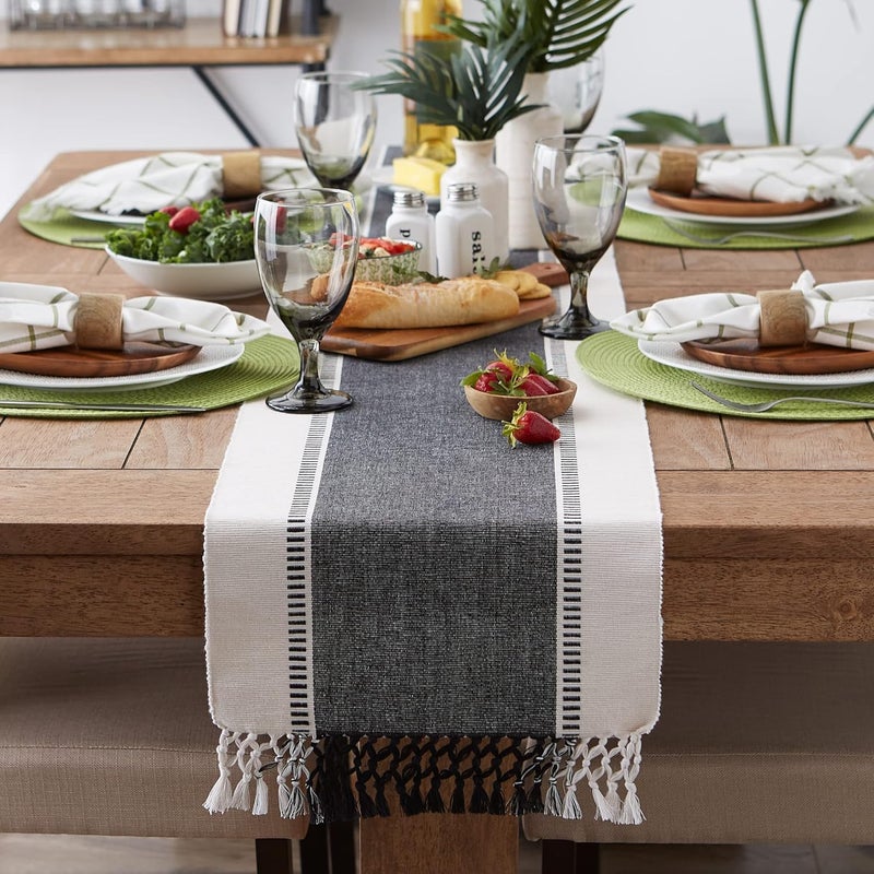 DII Dobby Stripe Woven Table Runner, 13x108 (13x113.5, Fringe Included), Black - Image 4