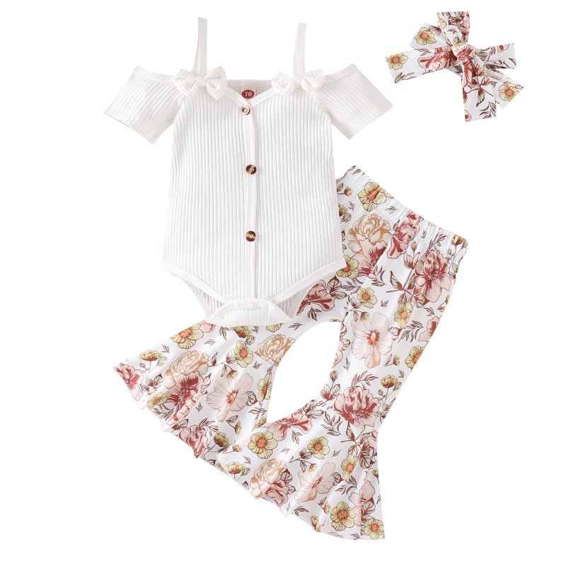 Fernvia Infant Baby Girl Clothes Suspenders Short Sleeve Ribbed Romper Flared Pants Set Headband 3pcs Summer Outfit, A-white, 6-12 Months - Image 1