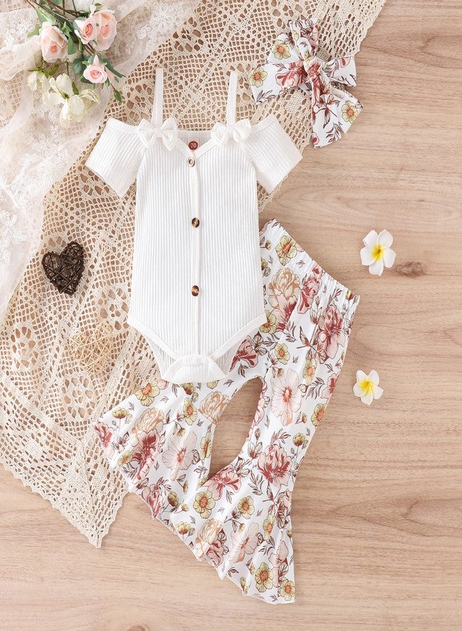 Fernvia Infant Baby Girl Clothes Suspenders Short Sleeve Ribbed Romper Flared Pants Set Headband 3pcs Summer Outfit, A-white, 6-12 Months - Image 2