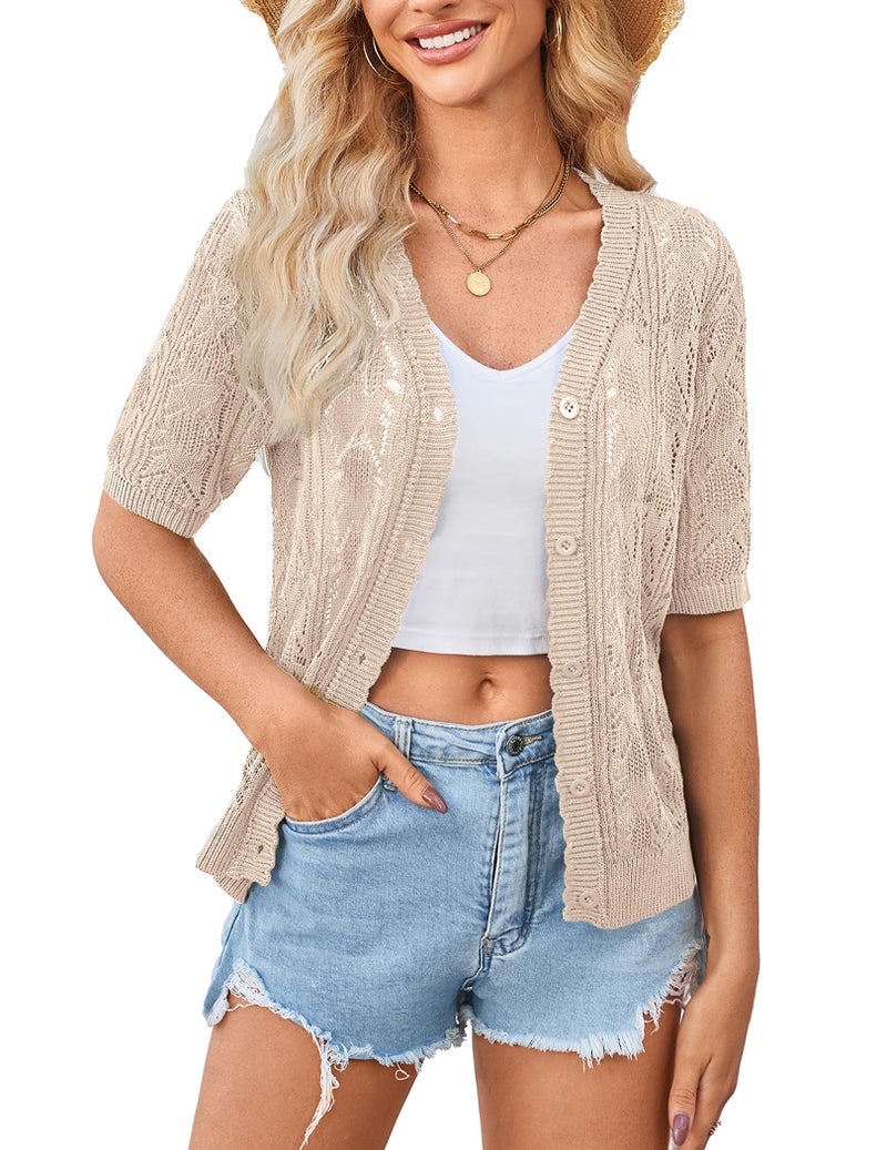 Yekaty Beige Crochet Short Sleeve Cardigan Cropped Button Sweater Summer Shrugs for Women Lightweight - Image 1