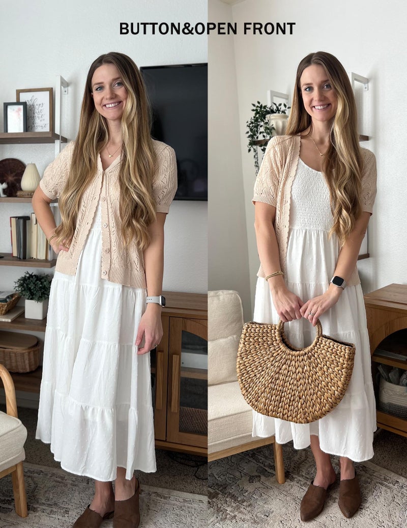 Yekaty Beige Crochet Short Sleeve Cardigan Cropped Button Sweater Summer Shrugs for Women Lightweight - Image 5
