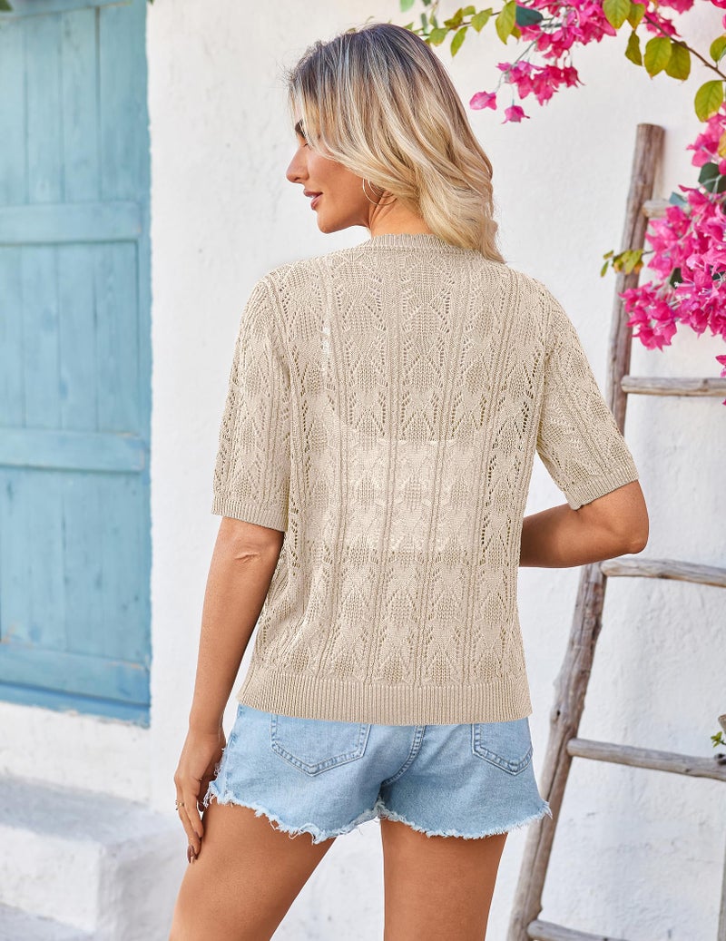 Yekaty Beige Crochet Short Sleeve Cardigan Cropped Button Sweater Summer Shrugs for Women Lightweight - Image 4