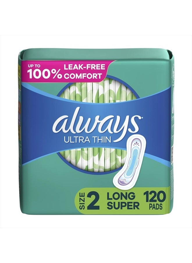 Always Ultra Thin, Feminine Pads For Women, Size 2 Long Super Absorbency, Without Wings, Unscented, 40 Count x 3 (120 Count Total) - Image 1