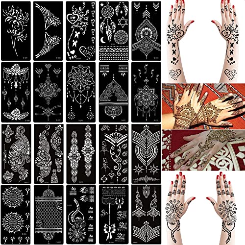 Xmasir 20 Sheets Henna Tattoo Stencil Kit,Temporary Tattoo Templates Indian Arabian Self Adhesive Tattoo Sticker for Face Body Art Paint - Image 1