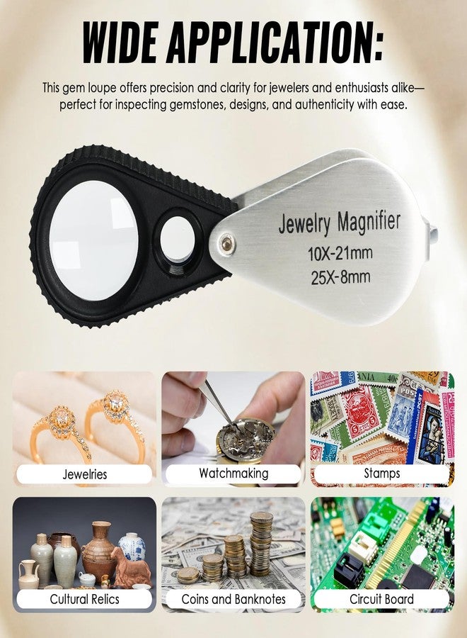 DANOPLUS 10X 25X Jewelers Loupe Magnifier Pocket Foldable Dual Lens Jewelry Magnifier with 21mm and 8mm Optical Glass Stainless Steel Body for Jewelry, Gems, Coins, Stamps, Watch, etc - Image 5