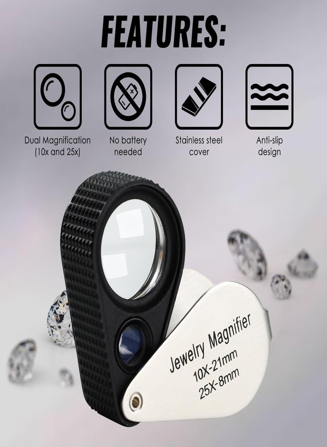 DANOPLUS 10X 25X Jewelers Loupe Magnifier Pocket Foldable Dual Lens Jewelry Magnifier with 21mm and 8mm Optical Glass Stainless Steel Body for Jewelry, Gems, Coins, Stamps, Watch, etc - Image 3