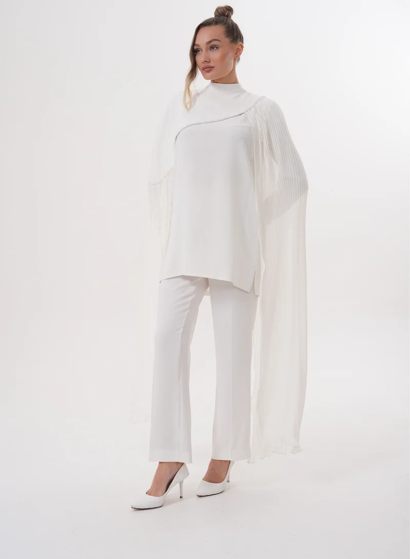 Elegant Pleated Cape Pantsuit Set