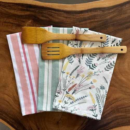 Oak & Lily Set of 3 Kitchen Napkins | Dish Towels | 100% Cotton | Premium European Quality | Washable, Large Size (40 * 60cm) Kitchen Cloth for Roti, Cleaning, Drying, Wiping | Green Floral Prints - Image 1