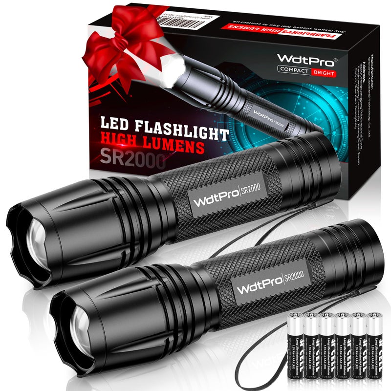 WdtPro LED Flashlight High Lumens SR2000 Pro 2 Pack Brighter Tactical Flashlights with 5 Modes Zoomable Powerful Mini Flash Light for Emergency Camping Hiking Black