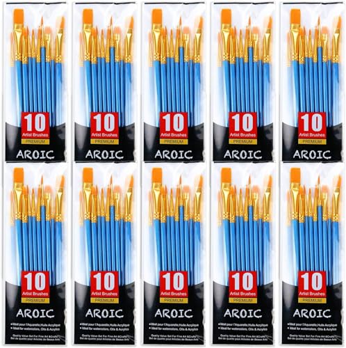 AROIC Paint Brush Set, 10 Pack 100 Pcs Acrylic Paint Brushes Artist Paint Brushes for Oil Watercolor Acrylic Face Rock Painting（Blue） - Image 1